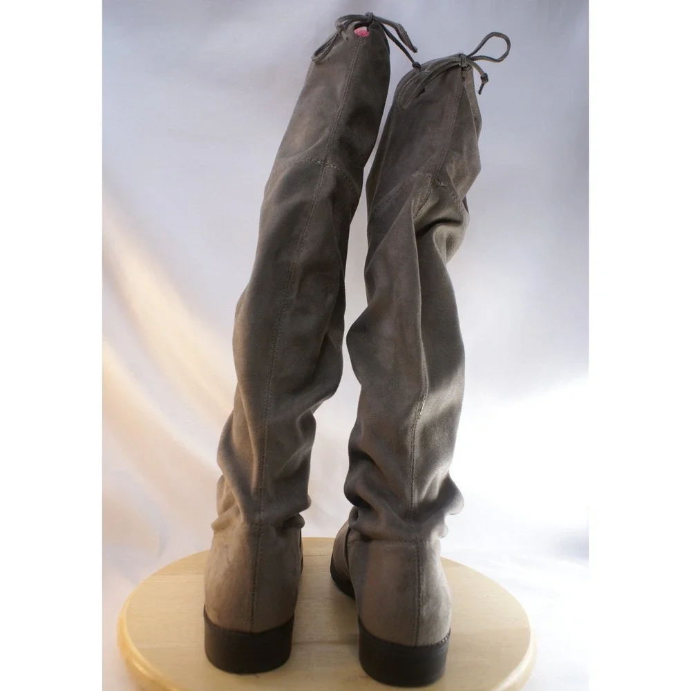 Unisa Divan Taupe Grey Faux Suede Over The Knee Flat Boots Womens 9M Tie Back